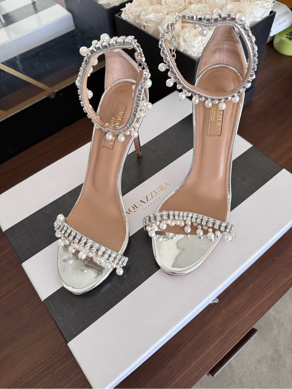 Aquazzura Silver Pearl & Crystal Ankle-Strap Heels US size 6/EU36